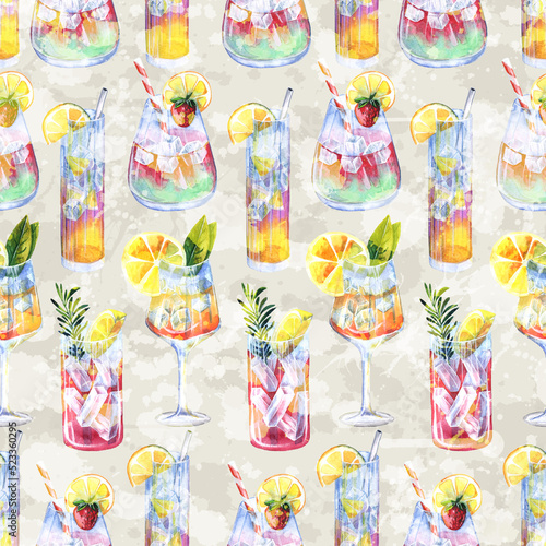 Seamless pattern with summer cocktails. Watercolor illustration