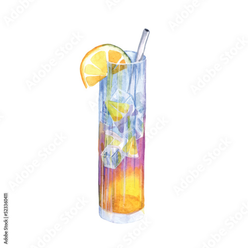 Watercolor lemonade with lemon, ice and syrup.