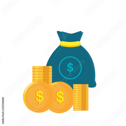 A bag of money and gold coins. The topic of finance.