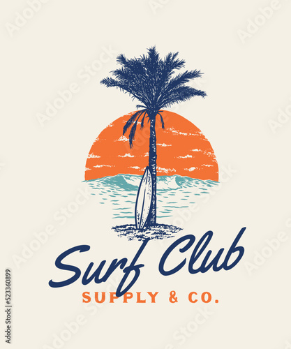 Vintage Hand Draw Surfing Club Label Illustration
