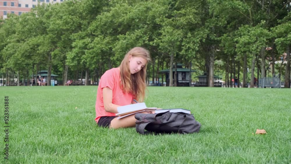 Girl in orange shirt Reading Book on the grass in Summer Girl in orange shirt Reading Book on the grass in Summer