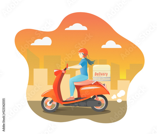 Deliveryman riding a red scooter illustration. Food delivery man vector. Courier on a moped against the backdrop of the city.