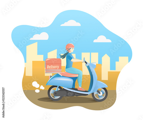Deliveryman riding a blue scooter. Food delivery man. Courier on a moped against the backdrop of the city. Vector illustration.