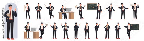 Young male teacher showing different poses and gestures set vector illustration. Cartoon man in suit holding pointer and globe, guy explaining on lecture in front, side and back view isolated on white