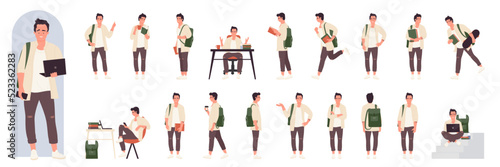 Male student character poses, animation set vector illustration. Cartoon school boy teenager sitting at table with laptop and phone to study, read books, do exam or homework isolated on white