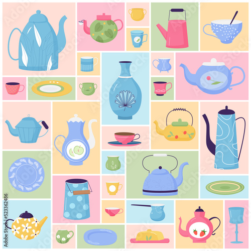 Vintage cute tableware set for afternoon tea time vector illustration. Cartoon home or cafe dinnerware collection with teapot teacup cup kettle bowl butter dish in geometric collage background