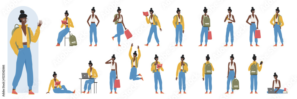 Cartoon girl studying, teenager sitting at table with laptop, walking with book and school bag and smiling. African american black female student character poses and actions set vector illustration