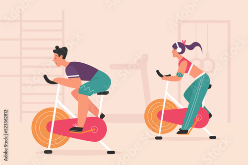 People doing exercises on static stationary bikes in gym of sport club vector illustration. Cartoon male and female characters cycling, training on equipment background. Healthy activity concept
