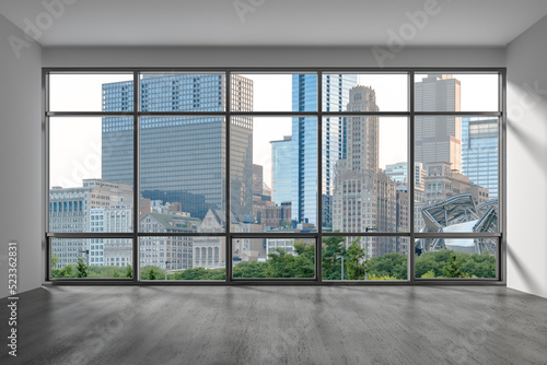 Downtown Chicago City Skyline Buildings from High Rise Window. Beautiful Expensive Real Estate overlooking. Epmty room Interior Skyscrapers View in Penthouse Cityscape. Day time. 3d rendering.