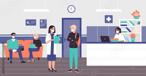 Patients in medical masks wait doctor appointment in lobby room interior vector illustration. Cartoon characters sitting in chairs, receptionist standing at reception desk background. Hospital concept