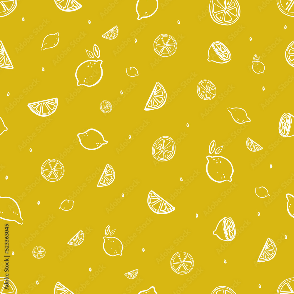 Seamless pattern lemon pattern, white doodle lines on a yellow background.