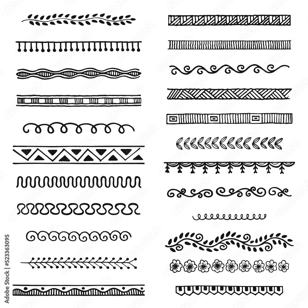 Hand drawn vector dividers, lines, borders and laurels set, doodle design elements. Hand drawn vector dividers, lines, borders and laurels set, doodle design elements.