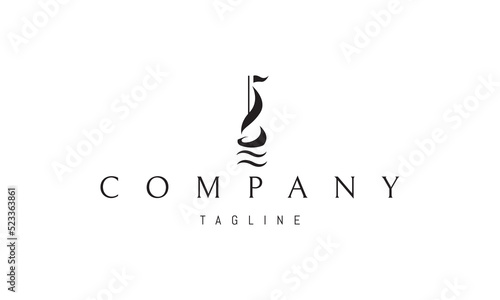 Vector logo on which an abstract image of a ship with a sail with waves under it.