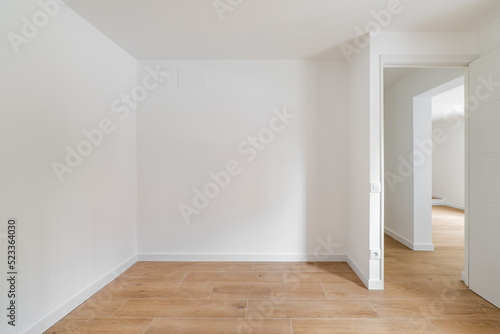 Empty room with laminate flooring and newly painted white wall in refurbished apartment with corridor leading to other rooms. Repair and construction concept.