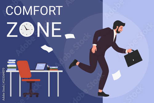 Businessman leaving comfort zone of office workplace. Cartoon man in suit with briefcase running away from table with laptop and paperwork to change and start new life flat vector illustration
