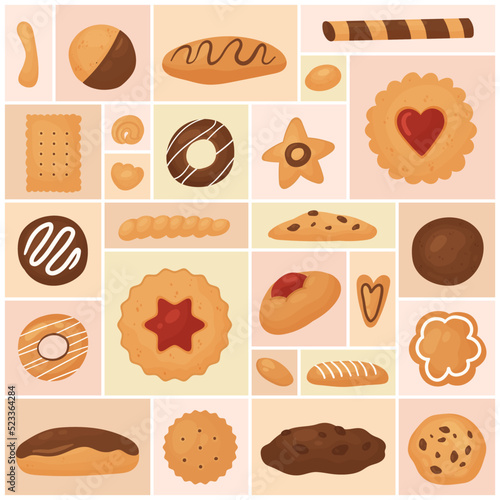Cookie, sweet food set vector illustration. Cartoon assorted sugar snacks, confectionery collection with biscuit cracker doughnut shortbread with glaze and icing in geometric collage background