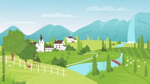 Countryside summer calm landscape with fields, houses, river and mountains vector illustration. Cartoon European small village and green hills at day time, rural suburb panorama scenery background