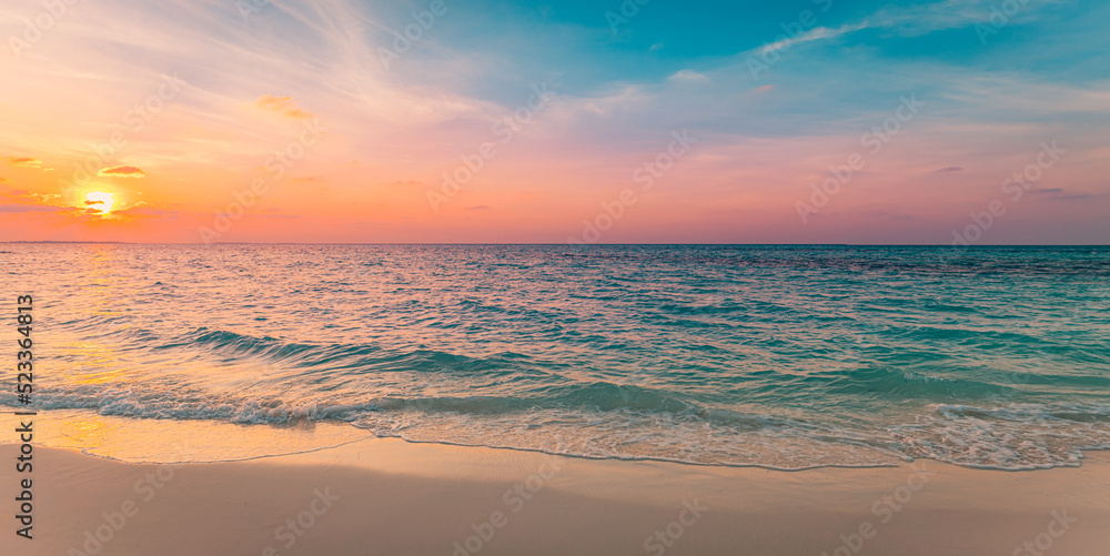 Sea sand sky concept, sunset colors clouds, panoramic background banner. Inspirational nature landscape, beautiful colors, wonderful tropical beach. Dream beach sunset, summer vacation, meditation