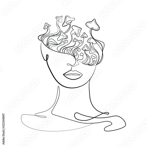 Abstract woman face with mushrooms on head Minimal art,line drawing,vector illustration.Psychodeoic fantasy drawing of a girl with mushrooms,sketch for logo design,t-shirt print, tattoo idea,emblem