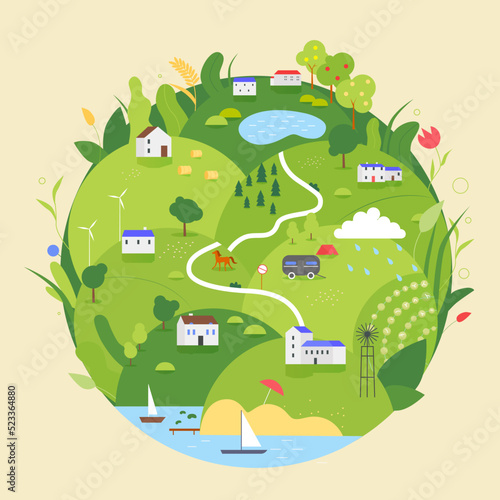 Globe of Earth, rural hilly landscape with fields, farmers houses in village, waters of river and road. Cartoon abstract planet terrain, save nature ecology for future flat vector illustration