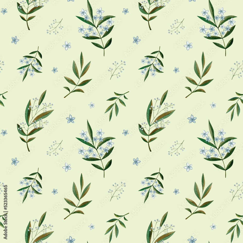 Green watercolor branch with flowers seamless pattern on green background. Floral botanical design Green watercolor branch with flowers seamless pattern on green background. Floral botanical design