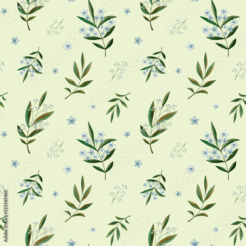 Fototapeta Naklejka Na Ścianę i Meble -  Green watercolor branch with flowers seamless pattern on green background. Floral botanical design