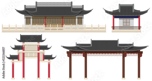 Layered editable vector illustration collection of Chinese traditional style buildings including houses, pavilions, archways.