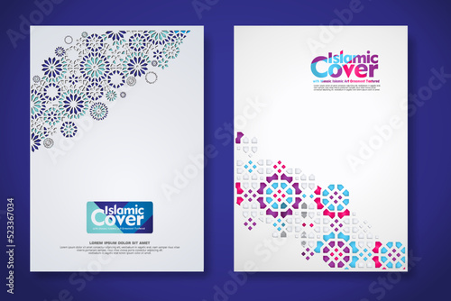 Islamic cover background template with ornamental colorful detail of floral mosaic islamic art ornament