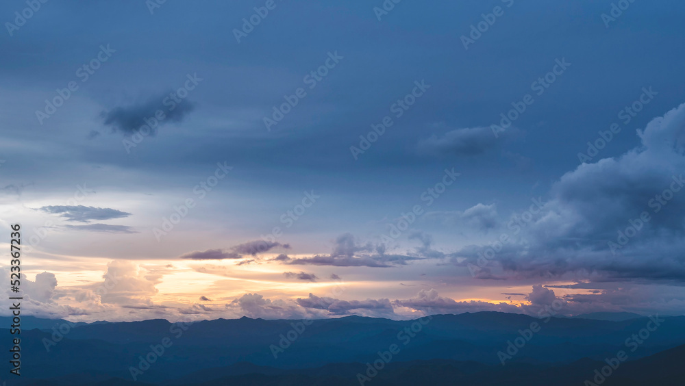Fototapeta premium Beautiful landscape of mountain range during sunrise morning dawn. Mountain peaks with cloud and sunlight at dawn. Chiang Mai, Thailand.