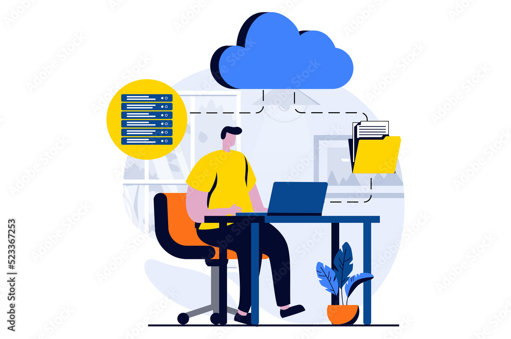 Server maintenance concept with people scene in flat cartoon design. Man making settings and optimization connection of internet provider and fixing problems. Illustration visual story for web Server maintenance concept with people scene in flat cartoon design. Man making settings and optimization connection of internet provider and fixing problems. Illustration visual story for web