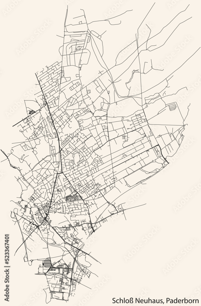 Detailed navigation black lines urban street roads map of the SCHLOSS NEUHAUS DISTRICT of the German regional capital city of Paderborn, Germany on vintage beige background