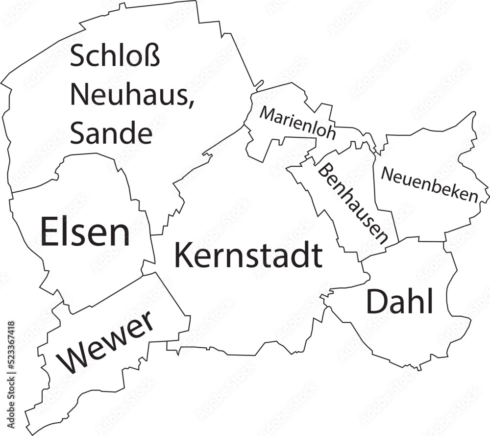 Fototapeta White flat vector administrative map of PADERBORN, GERMANY with name tags and black border lines of its districts