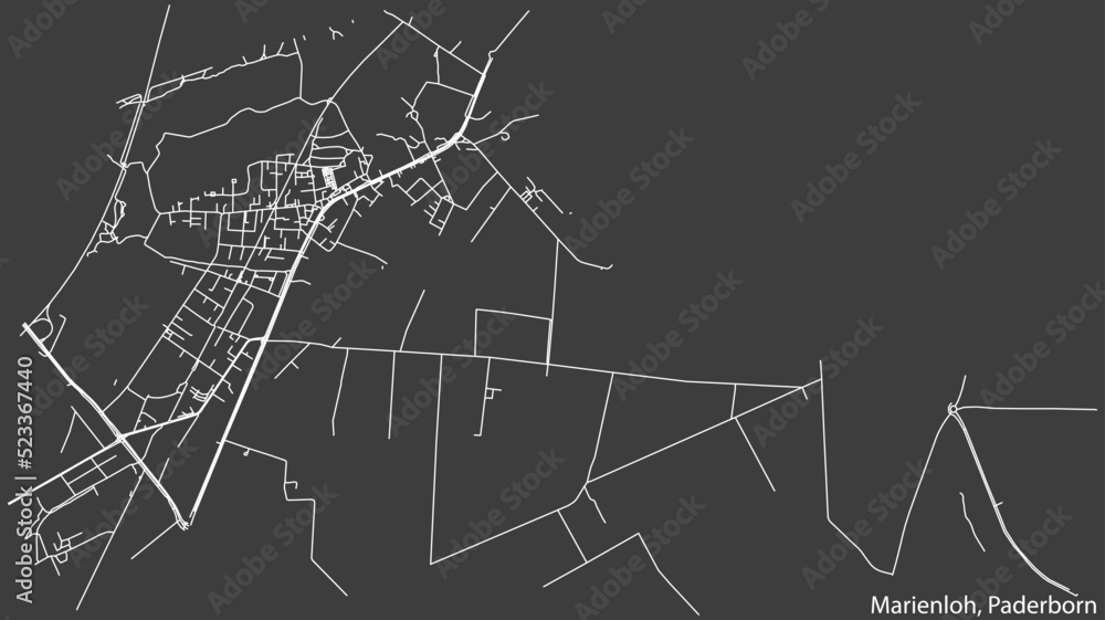 Detailed negative navigation white lines urban street roads map of the MARIENLOH DISTRICT of the German regional capital city of Paderborn, Germany on dark gray background