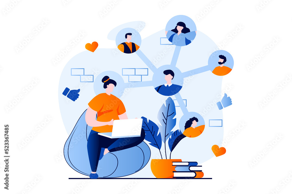 Social network concept with people scene in flat cartoon design. Woman communicates with group of friends in social networks, likes and comments on posts. Illustration visual story for web - obrazy, fototapety, plakaty 