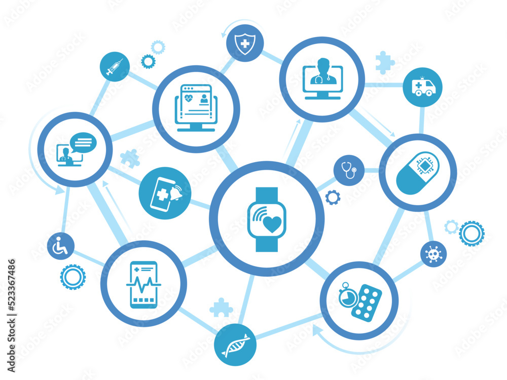 Digital healthcare and smart health devices and iot technology in medicine vector illustration. Concept around medical big data, cloud applications, Digital healthcare and smart health devices and iot technology in medicine vector illustration. Concept around medical big data, cloud applications,