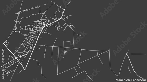 Detailed negative navigation white lines urban street roads map of the MARIENLOH DISTRICT of the German regional capital city of Paderborn, Germany on dark gray background