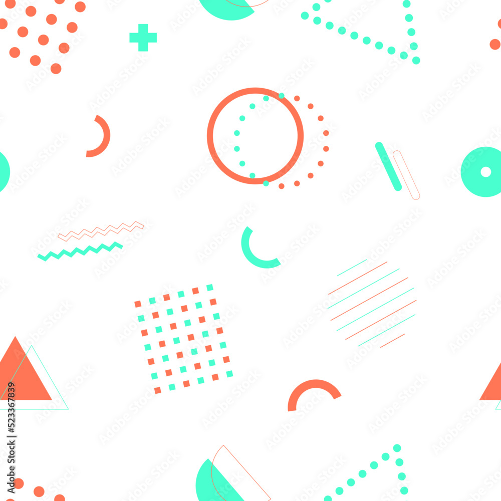 Simple abstract seamless memphis pattern with geometric symbols. Retro funky graphic vintage illustration with design elements on white background. Red and blue colors Simple abstract seamless memphis pattern with geometric symbols. Retro funky graphic vintage illustration with design elements on white background. Red and blue colors