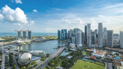 Aerial view of Sunny Day at Marina Bay Singapore city skyline photo