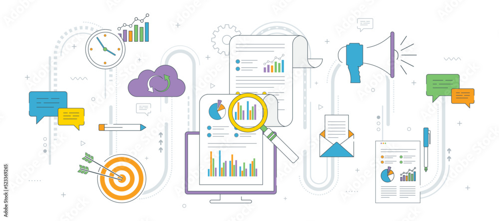 Document analysis with magnifying glass on computer monitor, speech bubble discussion. Business, marketing, communication and finance vector icon set, internet banner template. Document analysis with magnifying glass on computer monitor, speech bubble discussion. Business, marketing, communication and finance vector icon set, internet banner template.