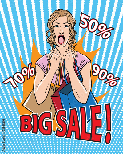 gesture of a hysterical happy woman because today is a big sale event she can shop a lot, big sale poster vector illustration