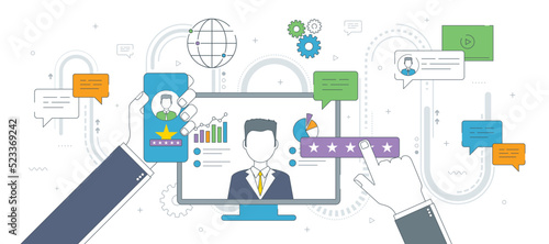 Hand with smartphone, computer screen with person and information. Evaluation and feedback of online support or distance learning. Business and communication vector icon set, internet banner template.