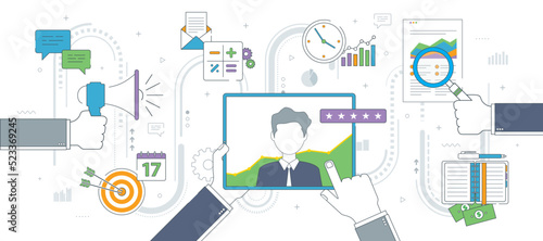 Businessman with tablet in hand, evaluation and feedback from online support service or distance learning. Business and communication vector icon set, internet banner template.
