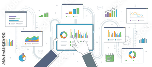 Businessman hand holding tablet with charts and financial information. Internet screens with finance charts. Finance, business and investment vector icon set, internet banner template.