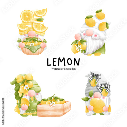 watercolor lemon gnome, citrus vector illustration
