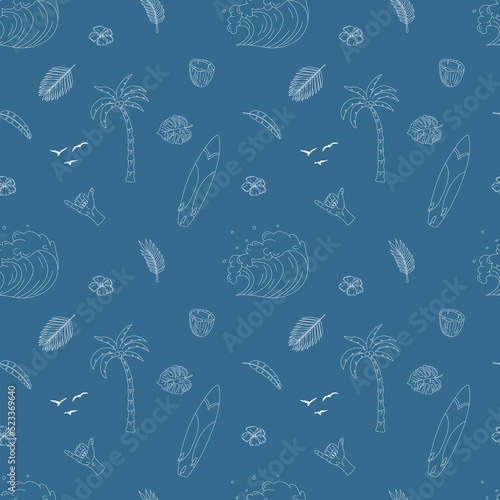 Seamless pattern with hand-drawn elements with a surf theme. Wave, surf, palm trees and more.