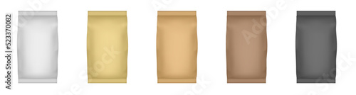 Set of coffee  packaging. White, gold, brown and black metallic foil bags for packaging design. Mockup template for food snack, cookies, peanuts, candy