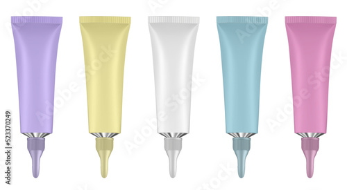 Set of tubes with long nozzle and long cap. Purple, yellow, white, blue and pink. Cosmetic packaging. Serum or ointment. Gel or cream