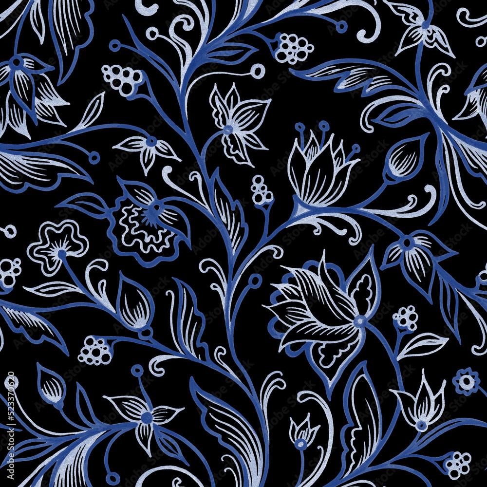 Illustration of graphic flowers and leaves. Handmade. Seamless pattern for wallpaper and fabric design.