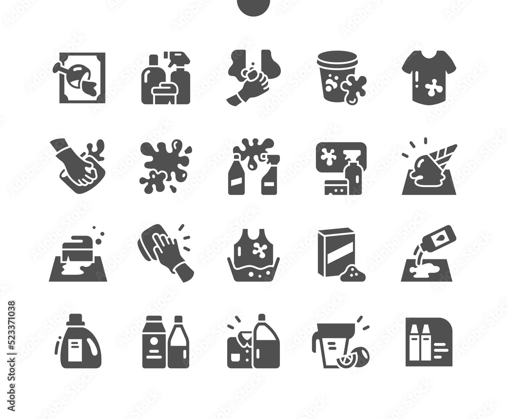 Stain removers. Cleaning service. Wash stain. Natural stain remover. Dirty shirt. Vector Solid Icons. Simple Pictogram