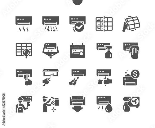 Air conditioning cleaning. Before and after. Price. Detergent. Cleaning service. Vector Solid Icons. Simple Pictogram